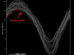 Динаміка зміни площі морського льоду в Арктиці з 1980 по 2026 роки